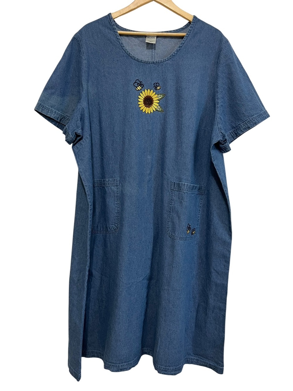 Blair Blue Chambray Shift Dress w/ Sunflower & Bees Embroidery Cottagecore Sz 3X